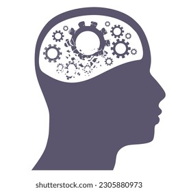 Demencia, pérdida de memoria, concepto de amnesia. Daño cerebral, disfunción cognitiva. Enfermedad de Alzheimers. Ilustración de un perfil de cabeza con el cerebro roto en pedazos. Gases y ruedas técnicas como cerebro