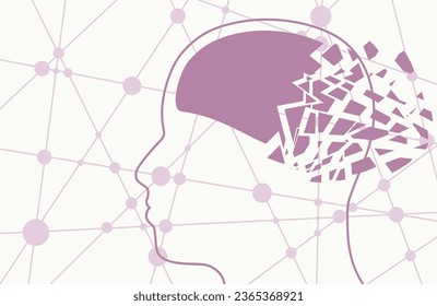 Demencia, pérdida de memoria, concepto de amnesia. Daño cerebral, disfunción cognitiva. Enfermedad de Alzheimers. Ilustración de un perfil de cabeza humana con el cerebro roto en pedazos. Enfermedades mentales, psicológicas