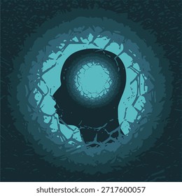 Demenz, Gedächtnisverlust, Amnesie-Konzept. Hirnschäden, kognitive Störungen. Alzheimer. Illustration eines menschlichen Kopfprofils mit beschädigtem Gehirn. Psychische, psychische Krankheit.