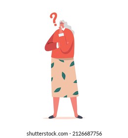 Dementia and Memory Loss Concept. Senior Woman with Question Signs. Old Female Character with Mental Problems, Alzheimer Disease Isolated on White Background. Cartoon People Vector Illustration