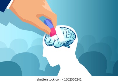 Dementia and memory loss concept. Vector of a hand erasing part of the human brain of a man