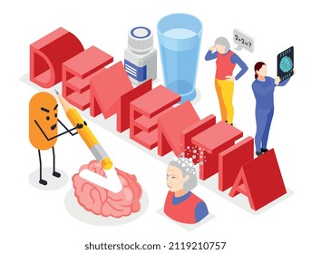 Dementia symptoms 3d isometric composition with brain disorder human characters of old people and nurse picture vector illustration
