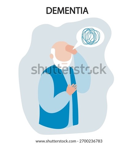Dementia vector illustration showing memory loss, confusion, disorientation, mood changes; highlights similar diseases like Alzheimer’s, Parkinson’s, and vascular dementia. silhouette icon