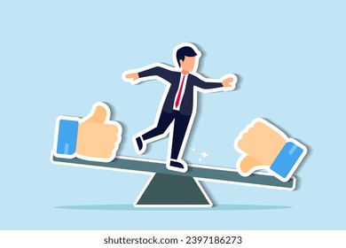 Demerit and merit evaluation, advantage and disadvantage in comparison, performance assessment, manager evaluation, judgment concept, businessman balance on seesaw with thumb up and thumb down.