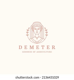 Demeter a la antigua diosa griega de grano y el logotipo de la agricultura icono diseño de la línea estilo vector plano