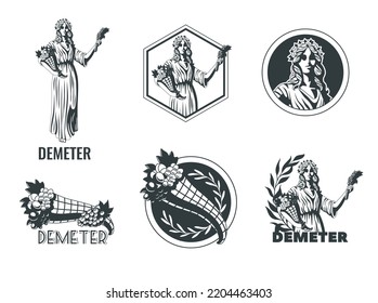 Demeter ancient greek olympian goddess flat black and white emblems set isolated vector illustration