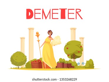 Demeter cartoon composition with elegant figurine of greek goddess standing on ancient architecture background flat vector illustration