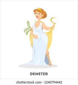 Demeter greek goddess from ancient mythology. Female character in white dress. Agriculture god. Isolated vector illustration in cartoon style