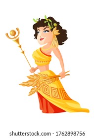 Demeter greek goddess from ancient mythology. Female character in white dress. Agriculture god. Isolated vector illustration in cartoon style