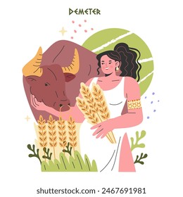 Concepto de diosa griega Deméter. Ilustración de la deidad de la cosecha con trigo y toro en medio de la generosidad de la naturaleza. La mitología antigua, la feminidad y la agricultura se fusionan. Ilustración vectorial.