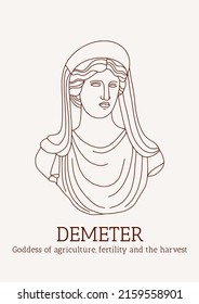 Demeter. Linear antique statue head. Trendy modern vector print with ancient classical sculpture of goddess. Greece mythology. Antique classic line art for fashion t-shirt, printing, poster, tatoo