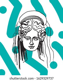 Demeter vector marble head. Work of art of ancient Greece era. An illustration of the goddess of fertility on a white isolated background hand drawn the style of the line. Design for web,  printing.