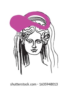 Demeter vector marble head. Work of art of ancient Greece era. An illustration of the goddess of fertility on a white isolated background hand drawn the style of the line. Design for web, printing.