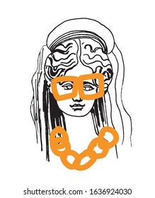 Demeter vector marble head. Work of art of ancient Greece era. An illustration of the goddess of fertility on a white isolated background hand drawn the style of the line. Design for web, printing.