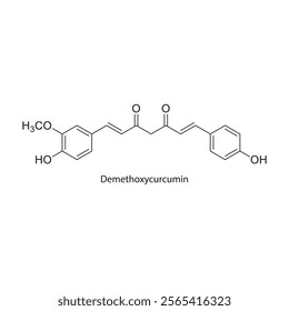 Demethoxycurcumin skeletal structure diagram.Curcuminoid compound molecule scientific illustration.