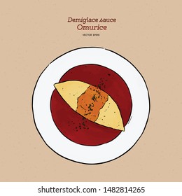Demi glace sauce omurice. hand draw sketch vector. Japanese food