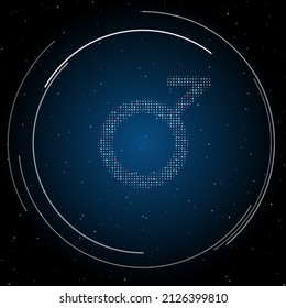 The demiboy symbol filled with white dots. Pointillism style. Some dots is red. Vector illustration on blue background with stars