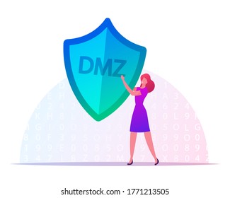 Demilitarized Zone Concept. Tiny Female Character Carry Huge Shield with DMZ Abbreviation. Physical or Logical Subnetwork Expose External-facing Services to Internet. Cartoon Vector Illustration