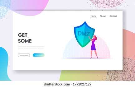 Demilitarized Zone Landing Page Template. Tiny Female Character Carry Huge Shield with DMZ. Physical or Logical Subnetwork Expose External-facing Services to Internet. Cartoon Vector Illustration