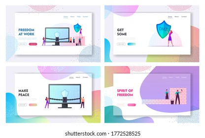 Demilitarized Zone Landing Page Template Set. Tiny Characters Building Brick Wall at Huge Computer with Lock on Chain. Woman Carry Shield with DMZ Abbreviation. Cartoon People Vector Illustration