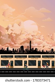Demise of the high street with the loss of the traditional retailers due to the economic recession set against a dawn or dusk sky background