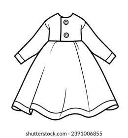 Demi-season casual dress with long sleeves and a full skirt outline for coloring page