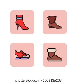 Demi-Saison Schuhe Linie Symbol-Set. Cowboy, Winterstiefel, Stiletto Ferse Stiefel, Sneaker. Schuhkonzept. Kann für Themen wie Schuhgeschäft, Mode, Stil verwendet werden