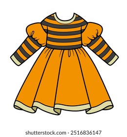 Demi-Saison gestreiftes orangefarbenes Kleid mit Puffärmeln und vollem Rock. Bild, das ohne die Verwendung irgendeiner Form von KI-Software zu jedem Zeitpunkt erstellt wurde.