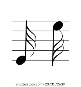 Demisemiquaver or thirty second note symbol on staff flat vector isolated on white background. Musical notes symbol. Musical notation. For learning music.