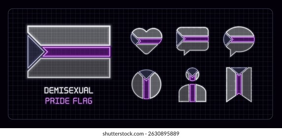Bandeira de orgulho bissexual ícone definido, neon brilho visuais. Bandeira do mês do orgulho, tema de orientação sexual.