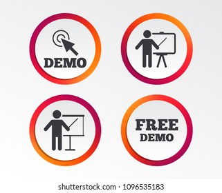 Demo with cursor icon. Presentation billboard sign. Man standing with pointer symbol. Infographic design buttons. Circle templates. Vector