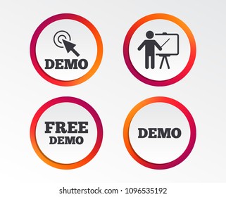 Demo with cursor icon. Presentation billboard sign. Man standing with pointer symbol. Infographic design buttons. Circle templates. Vector