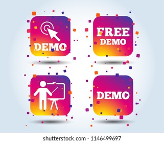 Demo with cursor icon. Presentation billboard sign. Man standing with pointer symbol. Colour gradient square buttons. Flat design concept. Vector