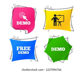 Demo with cursor icon. Presentation billboard sign. Man standing with pointer symbol. Geometric colorful tags. Banners with flat icons. Trendy design. Vector