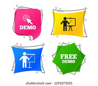 Demo with cursor icon. Presentation billboard sign. Man standing with pointer symbol. Geometric colorful tags. Banners with flat icons. Trendy design. Vector