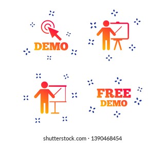 Demo with cursor icon. Presentation billboard sign. Man standing with pointer symbol. Random dynamic shapes. Gradient demo icon. Vector