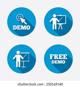 Demo with cursor icon. Presentation billboard sign. Man standing with pointer symbol. Circle concept web buttons. Vector