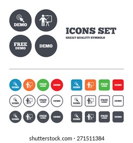 Demo with cursor icon. Presentation billboard sign. Man standing with pointer symbol. Web buttons set. Circles and squares templates. Vector