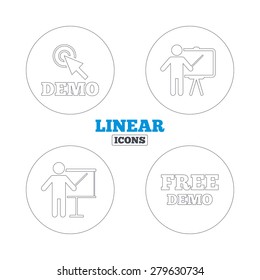 Demo with cursor icon. Presentation billboard sign. Man standing with pointer symbol. Linear outline web icons. Vector