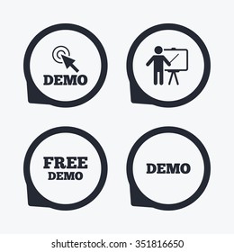 Demo with cursor icon. Presentation billboard sign. Man standing with pointer symbol. Flat icon pointers.