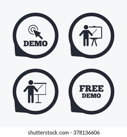 Demo with cursor icon. Presentation billboard sign. Man standing with pointer symbol. Flat icon pointers.