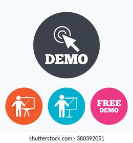 Demo with cursor icon. Presentation billboard sign. Man standing with pointer symbol. Circle flat buttons with icon.