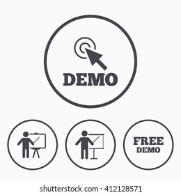 Demo with cursor icon. Presentation billboard sign. Man standing with pointer symbol. Icons in circles.