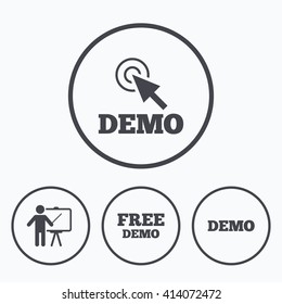 Demo with cursor icon. Presentation billboard sign. Man standing with pointer symbol. Icons in circles.