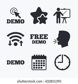 Demo with cursor icon. Presentation billboard sign. Man standing with pointer symbol. Wifi internet, favorite stars, calendar and clock. Talking head. Vector