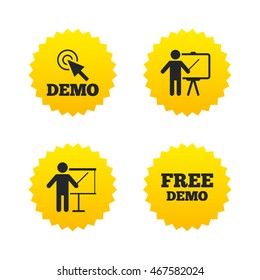 Demo with cursor icon. Presentation billboard sign. Man standing with pointer symbol. Yellow stars labels with flat icons. Vector