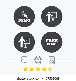 Demo with cursor icon. Presentation billboard sign. Man standing with pointer symbol. Chat, award medal and report linear icons. Star vote ranking. Vector