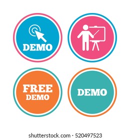 Demo with cursor icon. Presentation billboard sign. Man standing with pointer symbol. Colored circle buttons. Vector