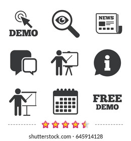 Demo with cursor icon. Presentation billboard sign. Man standing with pointer symbol. Newspaper, information and calendar icons. Investigate magnifier, chat symbol. Vector