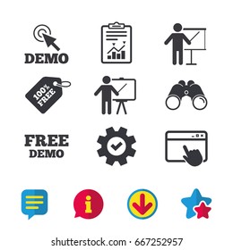 Demo with cursor icon. Presentation billboard sign. Man standing with pointer symbol. Browser window, Report and Service signs. Binoculars, Information and Download icons. Stars and Chat. Vector